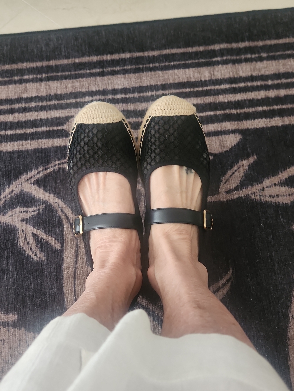 Sam Edelman Black Espadrille Mary Jane Flats with Cream Toe Cap